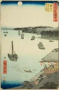 神奈川：丘の上の茶屋からの海の眺め（神奈川、台の茶屋開場みはらし） 縦の東海道とも呼ばれる「五十三次名所図会」シリーズ第4弾 作： Utagawa Hiroshige