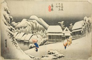 Kanbara: Evening Snow (Kanbara, yoru no yuki), from the series "Fifty-three Stations of the Tokaido (Tokaido gojusan tsugi no uchi)," also known as the Hoeido Tokaido 作： Utagawa Hiroshige