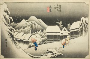 Kanbara: Evening Snow (Kanbara, yoru no yuki), from the series "Fifty-three Stations of the Tokaido (Tokaido gojusan tsugi no uchi)," also known as the Hoeido Tokaido 作： Utagawa Hiroshige