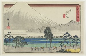 富士山を望む池のそばの柏原休憩所原富士、1841-1842