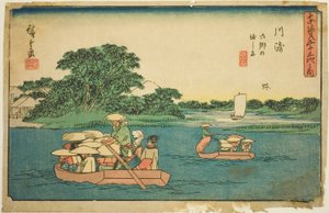 Kawasaki: Ferry Boats at Rokugo (Kawasaki, Rokugo no watashibune), from the series "Fifty-three Stations of the Tokaido (Tokaido gojusan tsugi no uchi)," also known as the Gyosho Tokaido