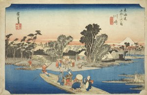 Kawasaki: The Rokugo Ferry (Kawasaki, Rokugo watashibune), from the series "Fifty-three Stations of the Tokaido (Tokaido gojusan tsugi no uchi)," also known as the Hoeido Tokaido 作： Utagawa Hiroshige