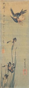 アイリスの上を飛ぶカワセミ 作： Utagawa Hiroshige