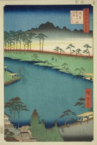 Kumano Junisha Shrine in Tsunohazu, Popularly Known as Juniso (Tsunohazu Kumano Junisha, zokusho Juniso), from the series "One Hundred Famous Views of Edo (Meisho Edo hyakkei)" 作： Utagawa Hiroshige