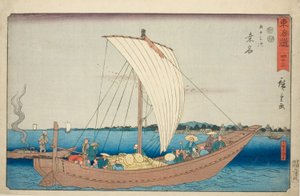 Kuwana: Ferryboat at Shichiri Crossing (Kuwana, Shichiri no watashibune)—No. 43, from the series "Fifty-three Stations of the Tokaido (Tokaido gojusan tsugi)," also known as the Reisho Tokaido 作： Utagawa Hiroshige
