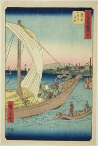 Kuwana: Ferryboats at Shichiri (Kuwana, Shichiri no watashibune), no. 43 from the series "Famous Sights of the Fifty-three Stations (Gojusan tsugi meisho zue)," also known as the Vertical Tokaido 作： Utagawa Hiroshige
