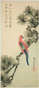 松の枝にコンゴウインコ 作： Utagawa Hiroshige