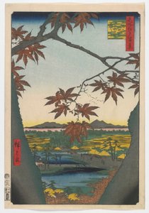 江戸時代のママ、テコナ神社、つながった橋のカエデの木、1857年（カラー木版画）