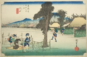 Minakuchi: Dried Gourd Shavings, A Local Specialty (Minakuchi, meibutsu kanpyo), from the series "Fifty-three Stations of the Tokaido (Tokaido gojusan tsugi no uchi)," also known as the Hoeido Tokaido 作： Utagawa Hiroshige