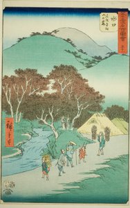Minakuchi: The Famous Pines at the Foot of Mount Hiramatsu (Minakuchi, meisho Hiramatsu yama no fumoto), no. 51 from the series "Famous Sights of the Fifty-three Stations (Gojusan tsugi meisho zue)," also known as the Vertical Tokaido 作： Utagawa Hiroshige