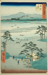 Mitsuke: Ferry on the Tenryu River (Mitsuke, Tenryugawa funewatashi), no. 29 from the series "Famous Sights of the Fifty-three Stations (Gojusan tsugi meisho zue)," also known as the Vertical Tokaido 作： Utagawa Hiroshige