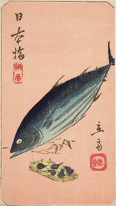 Morning Market at Nihon Bridge (Nihonbashi, asaichi), section of a sheet from the series "Cutouts of Famous Places in Edo (Harimaze Koto meisho)" 作： Utagawa Hiroshige