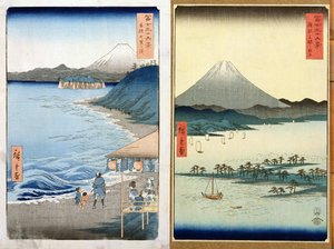 山と海岸線、「富士山の36の景色」からの2つの景色、パブ。 Kosheihei、1853、（color woodblock print）