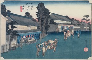 成海：「東海道五十三次」シリーズの生地、有松絞りの生地、1834-35年（色木版）