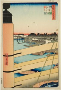 日本 Ｂ理ｄげ 案ｄ 江戸 Ｂ理ｄげ （日本橋、 江戸橋）、 ｆろｍ テェ セリエｓ ”尾根 分ｄレｄ ファもうｓ ヴィエｗｓ おｆ 江戸 （名所 江戸 百景）” 作： Utagawa Hiroshige