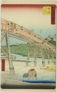 Okazaki: Yahagi Bridge on the Yahagi River (Okazaki, Yahagigawa Yahagi no hashi), no. 39 from the series "Famous Sights of the Fifty-three Stations (Gojusan tsugi meisho zue)," also known as the Vertical Tokaido 作： Utagawa Hiroshige