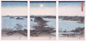 金沢の満月の下のパノラマ、「雪と月と花」シリーズ、1857年（木版画）