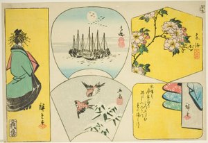 梅の枝、須崎、花魁、雀、屏風 作： Utagawa Hiroshige
