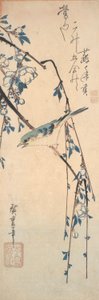 桜の枝に赤いフリルブルーテイル 作： Utagawa Hiroshige