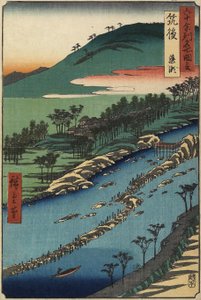 魚の罠のある川、筑後県、1855年9月