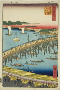 Ryogoku Bridge and the Great Riverbank (Ryogokubashi Okawabata), from the series "One Hundred Famous Views of Edo (Meisho Edo hyakkei)" 作： Utagawa Hiroshige