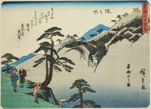 Sakanoshita: View of Mount Fudesute (Sakanoshita, Fudesuteyama no zu), from the series "Fifty-three Stations of the Tokaido (Tokaido gojusan tsugi)," also known as the Tokaido with Poem (Kyoka iri Tokaido) 作： Utagawa Hiroshige