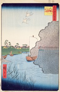 1856年江戸の名所百景から散りばめられた松、トーン川71号（木版カラープリント）