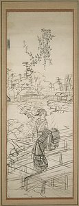 橋を渡る女性のスケッチ 作： Utagawa Hiroshige