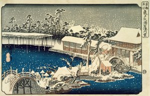 夜の雪：東海道五十三次より、雪が降る家、川、庭を描いた風景（横絵-横型・版画） 作： Utagawa Hiroshige