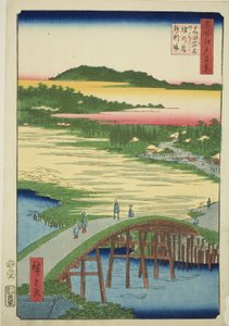 Sugatami Bridge, Omokage Bridge and the Gravel Pit at Takata (Takata Sugataminohashi Omokagenohashi jariba), from the series "One Hundred Famous Views of Edo (Meisho Edo hyakkei)" 作： Utagawa Hiroshige