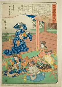 連載「蘇我物語図会」より 祐経の前で舞う助成（蘇我十郎） 作： Utagawa Hiroshige