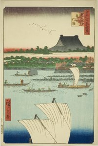 てっぽ図 案ｄ 築地 本願寺 手ＭＰぇ （徹ポズ 築地 門跡）、 ｆろｍ テェ セリエｓ ”スッｐぇ麺ｔ と テェ 尾根 分ｄレｄ ファもうｓ ヴィエｗｓ おｆ 江戸 （江戸 百景 よきょ）” 作： Utagawa Hiroshige