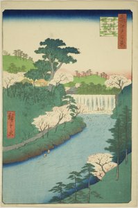 The Dam on the Otonashi River at Oji, Commonly Called "The Great Waterfall" (Oji Otonashigawa entai, sezoku Otaki to tonau), from the series "One Hundred Famous Views of Edo (Meisho Edo hyakkei)"
