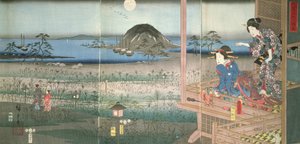 1853年、月光の中で出発する源氏王子を見ている藤坪淑女（カラー木版画）