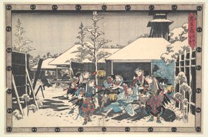 忠臣四十七人同盟 (Ch?shingura) 第 11 幕第 3 番 浪人に捕らえられた師直の夜襲 作： Utagawa Hiroshige