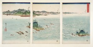 阿波の鳴門の急流、「雪と月と花」シリーズ、1857年（版画）