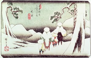 「紀伊街道の69駅」シリーズの「大井の雪の旅人」パブ。 1830年代後半（横判サイズ、横絵-横向き、カラー木版画）