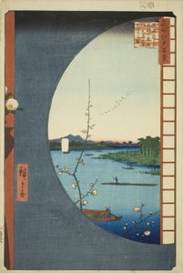 View from Massaki of Suijin Shrine, Uchigawa Inlet, and Sekiya (Massaki hen yori Suijin no mori Uchigawa Sekiya no sato o miru zu), from the series "One Hundred Famous Views of Edo (Meisho Edo hyakkei)" 作： Utagawa Hiroshige