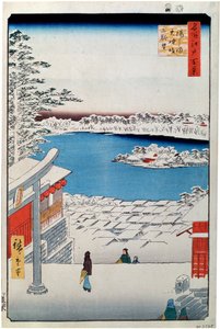 湯島の天神神社の坂の上からの眺め、1856-1858。 作： Utagawa Hiroshige