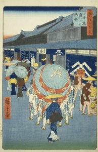 ヴィエｗ おｆ 日本橋 トリー位ｔチョメ （日本橋 トリー位ｔチョメ 略図）、 ｆろｍ テェ セリエｓ ”尾根 分ｄレｄ ファもうｓ ヴィエｗｓ おｆ 江戸 （名所 江戸 百景）” 作： Utagawa Hiroshige