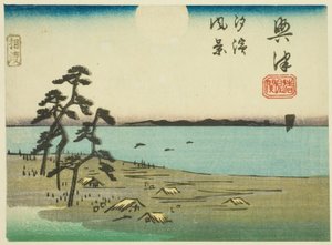 View of Shiohama and Kiyomigaseki in Okitsu (Okitsu, Kiyomigaseki, Shiohama fukei), section of sheet no. 4 from the series "Cutout Pictures of the Tokaido Road (Tokaido harimaze zue)" 作： Utagawa Hiroshige