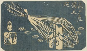 亀戸の鶯木彫りと蛤（亀戸さんうぐいすきしじみ） 「名所江戸名所切絵（はりまぜ古都名勝）」の一部 作： Utagawa Hiroshige