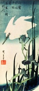 白鷺とアイリス（色木版）