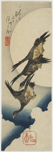 月を渡る野生のガチョウ、1834-39（色木版画） 作： Utagawa Hiroshige