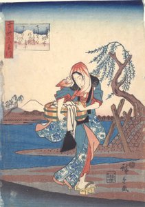 調布川で洗濯をする女：六多摩川 作： Utagawa Hiroshige