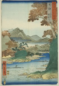 Yamato Province: Tatsuta Mountain and Tatsuta River (Yamato, Tatsutayama, Tatsutagawa), from the series "Famous Places in the Sixty-odd Provinces (Rokujuyoshu meisho zue)"" 作： Utagawa Hiroshige