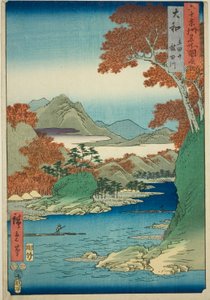 Yamato Province: Tatsuta Mountain and Tatsuta River (Yamato, Tatsutayama, Tatsutagawa), from the series "Famous Places in the Sixty-odd Provinces (Rokujuyoshu meisho zue)"" 作： Utagawa Hiroshige