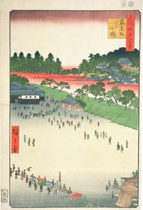 不二会門内の八ツ子、「江戸百景」1857年（色版画）