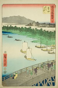 吉田：豊川大橋（吉田、豊川大橋）No. 縦の東海道とも呼ばれる「五十三次名所図会」シリーズ 35 作： Utagawa Hiroshige