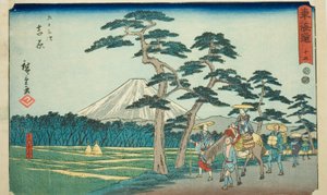 Yoshiwara: The Famous Sight of Mount Fuji on the Left (Yoshiwara, meisho hidari Fuji)—No. 15, from the series "Fifty-three Stations of the Tokaido (Tokaido gojusan tsugi)," also known as the Reisho Tokaido 作： Utagawa Hiroshige